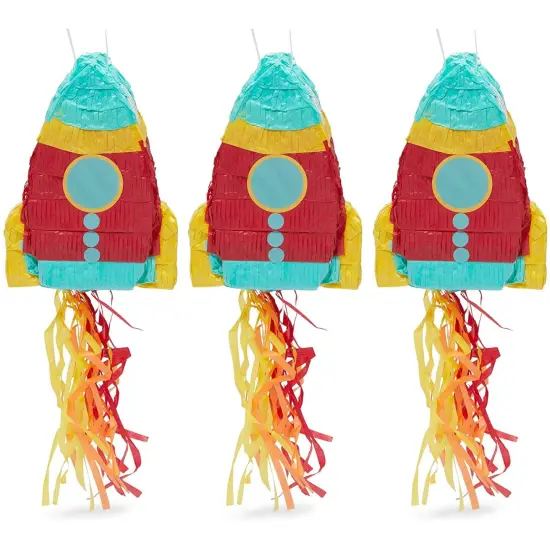 Mini Rocket Ship Pull Pi&ntilde;atas for Outer Space Party (8 x 5.9 x 2.5 In, 3 Pack) Multicolor {1}
