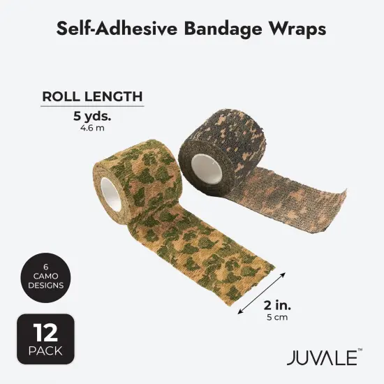 12-Rolls Self Adherent Bandage Wrap, Vet Tape - 2 In x 5 Yds Breathable, Elastic Cohesive Wrap Tape for Wrist, Swelling, Sports, Tattoo (Camo Designs) Multicolor {3}