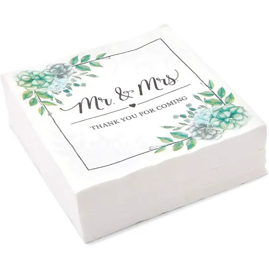 Succulent Floral Mr. and Mrs. Paper Napkins for Wedding (6.5 x 6.5 x 0.01 inches, 100 Pack) White {4}
