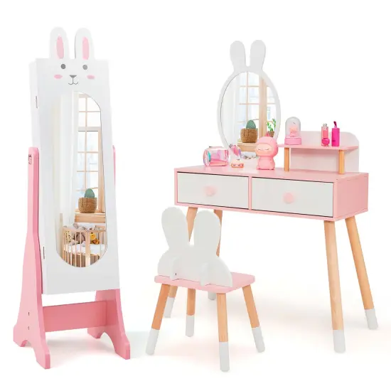Costway Kids Vanity Set Princess Makeup Dressing Table and Chair Set with Jewelry Armoire White/Pink {7}