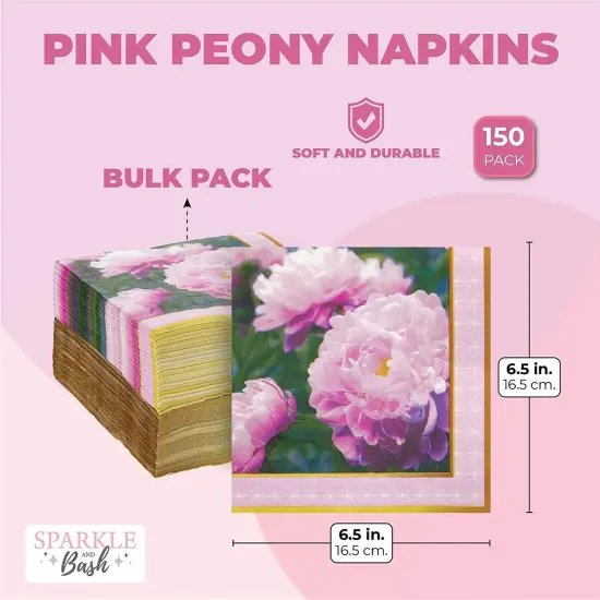 Pink Peony Napkins for Flower Party (6.5 x 6.5 In, 150 Pack) {2}