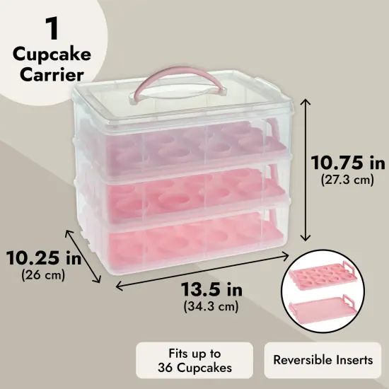 3 Tier Cupcake Carrier with Lid and Handle, Holds 36 Cupcakes (Pink, 13.5 x 10.25 x 10.75 In) {4}