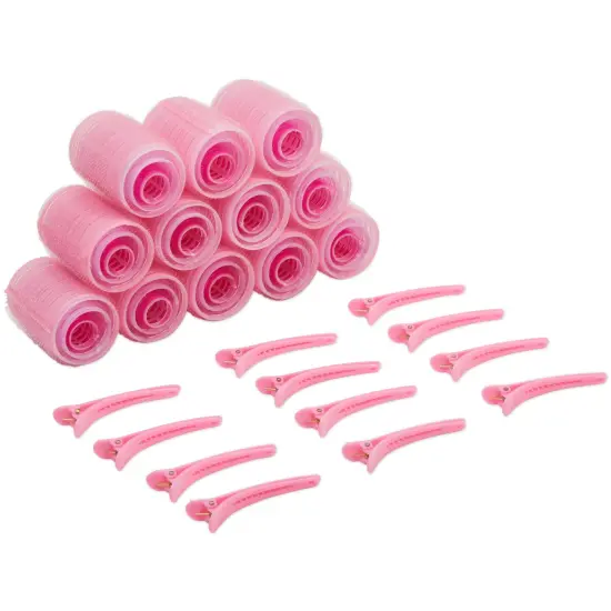 48 Piece Set Self-Grip Hair Rollers with Clips - Pink Hair Curlers in 3 Sizes with Duck bill Shaped Clips Set for Hair Curls (36 Hair Tension Rollers, 12 Clips) {1}