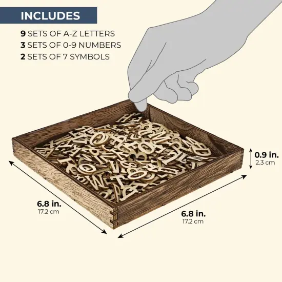 Small Wooden Alphabet Letters, Includes Display Box with 9 Letter Sets (A-Z), 3 Number Sets (0-9) , and 2 Sets of Symbols Brown {4}