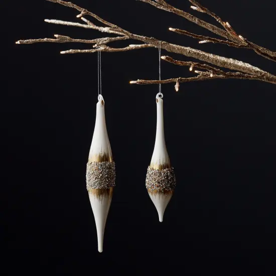 Melrose Sequin Glass Christmas Finial Drop Ornaments - 10.75" (270mm) - White and Gold - 12ct {3}