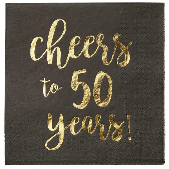 BLUE PANDA 50 Pack Cheers to 50 Years Printed Cocktail Napkins for 50th Birthday and Anniversary - 3-Ply, Black & Gold Foil {4}