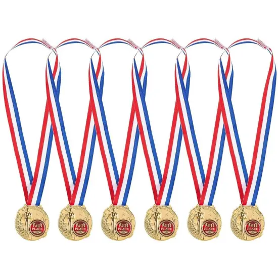 Juvale 6 Pack Bulk Gold 1st Place Medals with Ribbons for All Ages and Sports, Winner Award Ribbons, 2.6 Inch Diameter, 15.3 Inch Ribbon Length {5}