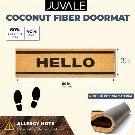Hello Long Coir Doormat, Welcome Mats Outdoor for Home Entrance with Non-Slip Backing (17x60 In) Brown {4}