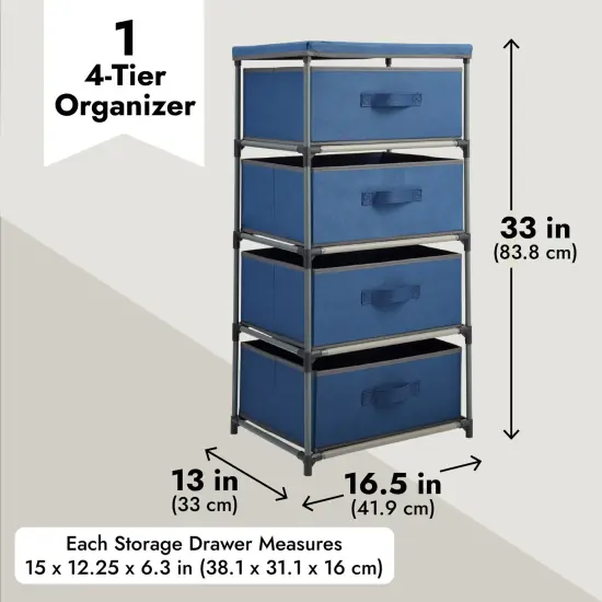 4-Tier Tall Closet Dresser with Drawers - Organizer and Small Fabric Storage for Bedroom (Navy Blue) {5}
