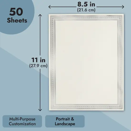 50 Sheets Silver Foil Certificate Paper for Printing - Customizable Blank Cardstock with Border for Graduation Diploma, Achievement Awards, Recognition Documents (8.5 x 11 in, Ivory) {4}
