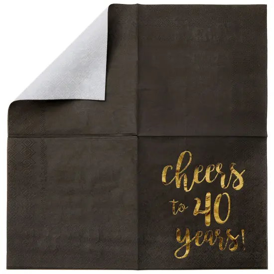 50 Pack Cheers to 40 Years Cocktail Napkins for 40th Birthday, Anniversary Party Supplies, 3-Ply, Black and Gold Foil (5 x 5 In) {6}