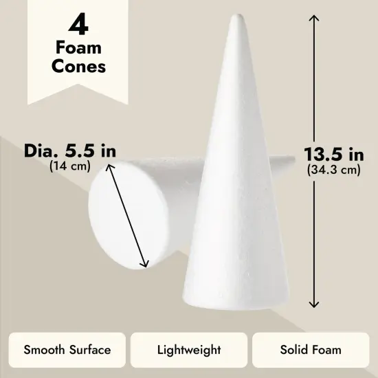 4 Pack Craft Foam - Foam Cones for Crafts, Trees, Holiday Gnomes, Christmas Decorations, DIY Art Projects (13.5x5.5 In) White {4}