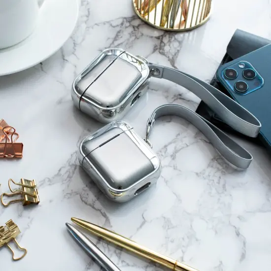 Insten Case For Airpods Pro, Soft TPU Glitter Plating Carrying Case with Hand Strap, Support Wireless Charging, Full Body Protective Skin Cover for Women Girls Men Boys, Silver {6}