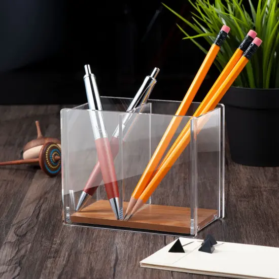 Acrylic Pen Holder, Large Capacity 2 Compartments with Wood Base, Pencil Cup Desk & Makeup Brush Organizer (4.9" x 4" x 2.9") Clear {5}