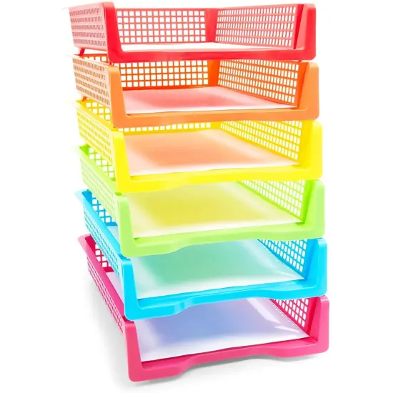 Set of 6 Rainbow Turn In Trays for Teachers, Plastic Classroom Paper Organizers, Colorful Storage Baskets for Office (12.75*9.75*2.75 inch) Multicolor {1}