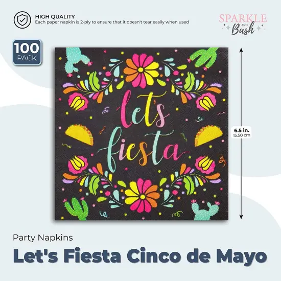 100 Pack Let's Fiesta Party Napkins for Kids Birthday, Cinco de Mayo Decorations (Black, 6.5 In) Multicolor {2}