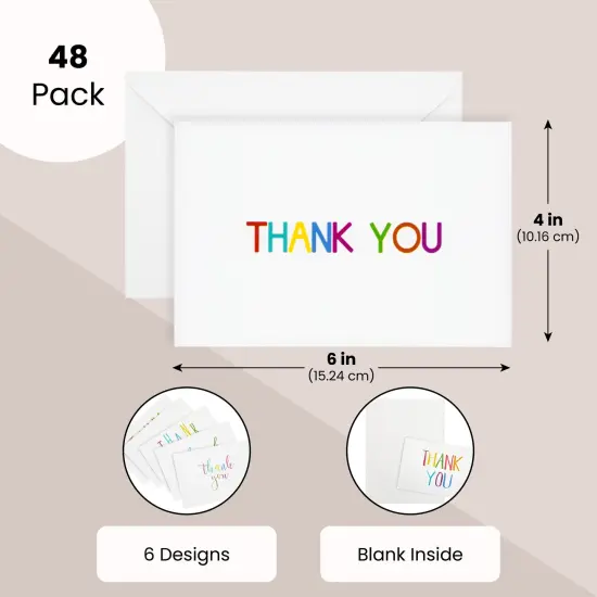48 Pack 4x6-inch Bulk Thank You Cards with Envelopes - Appreciation Gift Note for Teachers and Kids (6 Assorted Designs) {6}