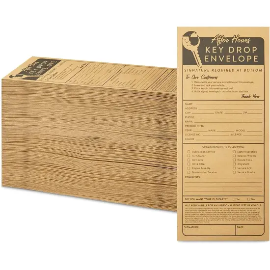 Key Drop Envelopes for After Hours Box, Car Mechanics (4.12 x 9.5 In, 200 Pack) Brown {1}