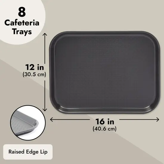 8 Pack Black Plastic Serving Tray, Nonslip for Cafeteria, School Lunch, Fast Food, Restaurant (12 x 16 In, Black) {5}