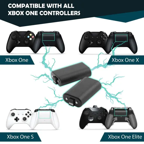 Insten For Xbox One 2-Pack Rechargeable Li-ion Battery 1600mAh Play and Charge Kit [Bettery Status Update on TV Screen] with 9ft USB Cable Compatible with Xbox One / One S / One X / Elite Controller Black {6}