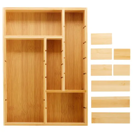 Bamboo Drawer Organizer Tray with 8 Adjustable Dividers for Kitchen Utensils, Cutlery (14 x 10 x 2 In) Brown {6}