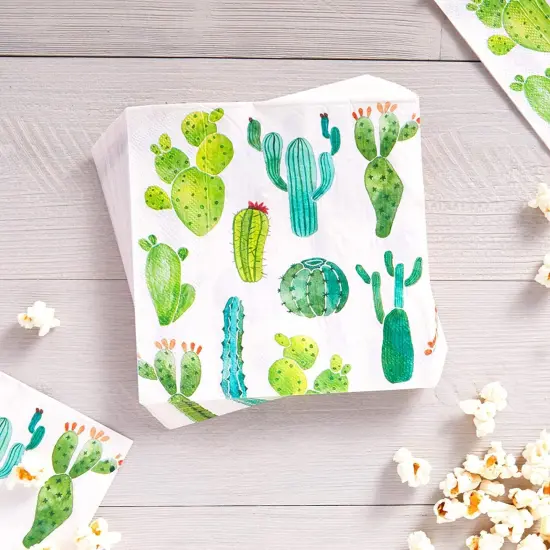 Succulent Cactus Paper Napkins for Fiesta Birthday Party (6.5 In, 100 Pack) White {3}