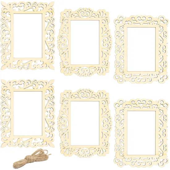 Unfinished Wooden Picture Frames for Crafts with Cutouts and String (6 Pack) Brown {1}