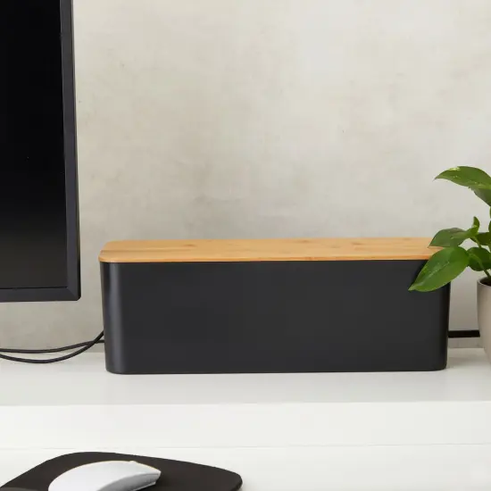 Box for Cable Management, 1 Large ABS Cord Organizer Box with Bamboo Lid, Black {2}
