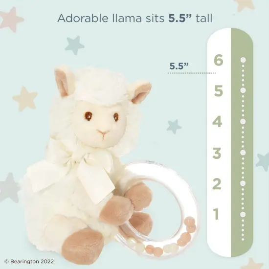 Bearington Baby Lil&rsquo; Alma Stuffed Animal Rattle: 5.5&rdquo; Llama Shaker Toy with Soft Plush Faux-Fur, Satin Bow, Clear Ring and Moving Beads; Makes a Great Baby Shower Gift White {6}