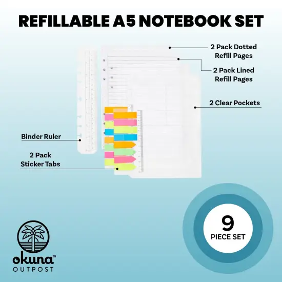 A5 Binder Inserts with Dotted Paper, Lined Paper, Zip Envelope, 3-Pocket Bag, 320 Note Flag Tabs, Ruler Marker for 6-Ring Notebook White {3}