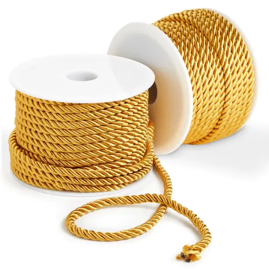 36 Total Yards 5mm Twisted Gold Cord for Crafts, Gold Rope Ribbon for Sewing, Upholstery Trim, and Household Decorations, 2 Rolls of 0.2 Inch Reinforced Polyester Cordage, 18 Yards per Roll {1}