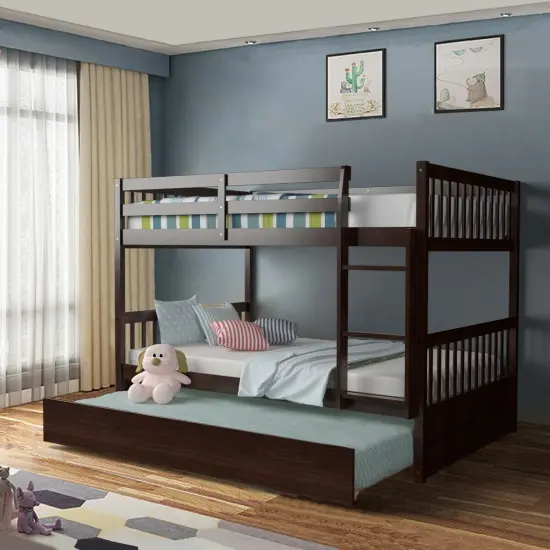 Wooden Full over Full Bunk Platform Wood Bed with Ladder and Trundle Perfect for Dorms Room Brown {2}
