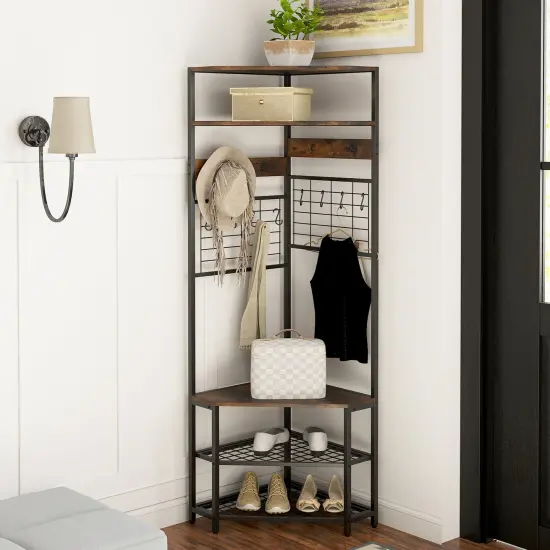 5-Tier Corner Hall Tree with Shoe Storage Bench Rustic Brown {2}