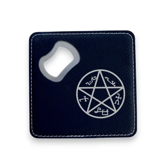 Coaster W/ BOTTLE OPENER - Demon Trap - SET OF 2 LEATHER Black/Silver {1}