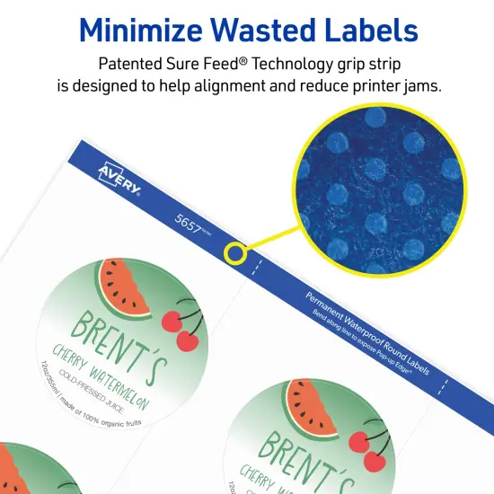 Avery Durable Waterproof Labels with Sure Feed Technology, 2" Diameter, Matte White, Laser & Pigment-Inkjet, 96 Printable Labels (5657) {5}