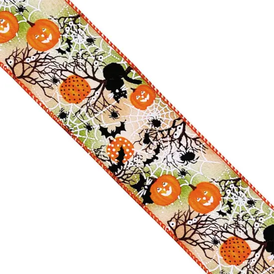 Designer&rsquo;s Shop WR 63-5208 Halloween Night Scene Wired Ribbon &ndash; Pumpkins, Bats & Cobwebs &ndash; 2.5&rdquo; x 10yd {3}