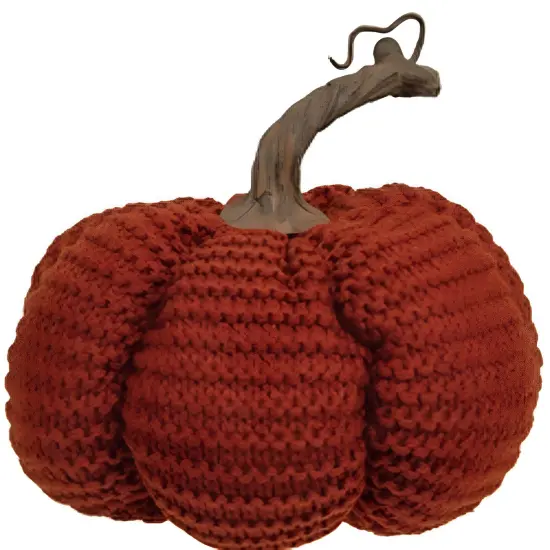 Burnt Orange Knit Fabric Pumpkin with Plastic Stem, Plush Fall and Halloween Decor {2}