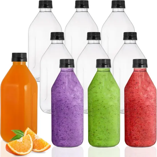 10 Pack 33 Oz Plastic Juice Bottles with Black Caps {1}