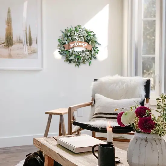 22 Inch Spring Everyday Lamb Ears Leaves Wreath with White Wild Flowers and Berries for Front Door, Welcome Wood Sign Green Leaves Wreath for Indoor Outdoor, Everyday Leaves Wreath {2}