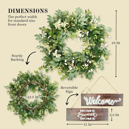 Artificial Eucalyptus Leaf, Boxwood Wreath with Berries, 24 Inches, Indoor/Outdoor, Spring Greenery {3}