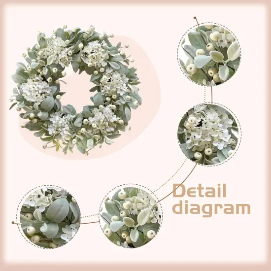 22 Inch Lambs Ears Leaves Everyday Wreath with Ivory Hydrangea and Cream Berries, Spring Summer Greenery Wreath with Burlap Ribbon Bow Knot for Doors, Rustic and Farmhouse Style Home Decor {4}