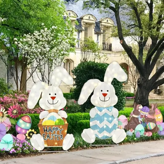 2 Pcs Rabbit Outdoor Easter Decorations, Lighted Bunny with 120 Lights, 2D Easter Rabbit Lights Easter Decor for Indoor Outdoor Festive Holiday Fireplace Garden Yard Lawn Patio {3}