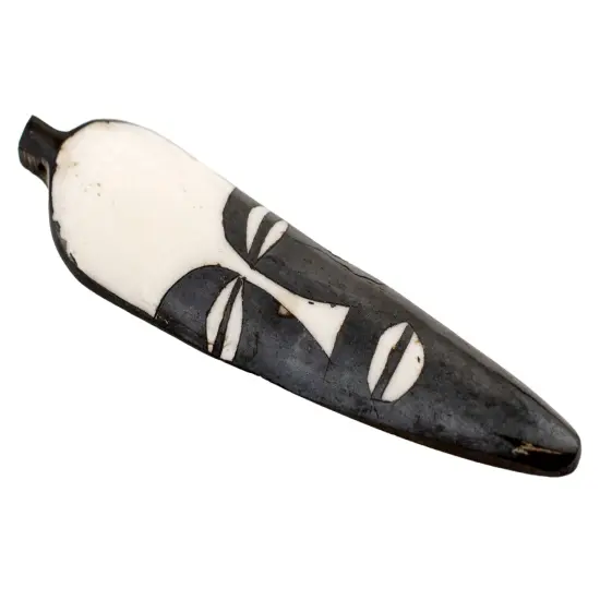 The Bead Chest Elongated Mask Batik Bone Feather Pendant 100x22mm Kenya African Black and White Flat Handmade {3}