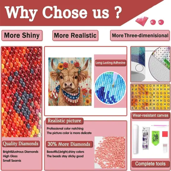 4th of July Diamond Painting Kits for Adults- 5D Diamond Art Kits Highland Cow,DIY Full Drill Independence Day Diamond Gem Art with Painting Kits for Home Wall Decor(14x14inch) {2}