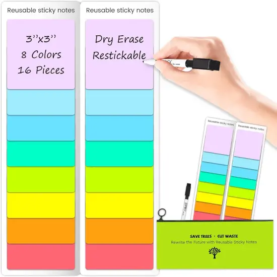 Dry Erase Sticky Notes - Reusable Whiteboard Stickers 8 Colors 3"x3"-16 Pack. Suitable for All Smooth Surface.Great for Labels, Lists, Reminders and Decals-Washable,Removable {1}