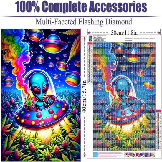 Hippie Hippy Alien Spaceship 5D Diamond Painting Kit, Round Full Drill DIY Diamond Art for Adults, Beginners, Home Decor, 12x16 Inch {2}