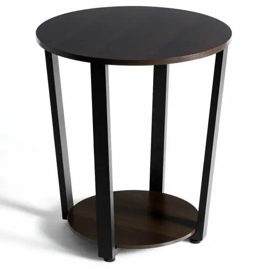 2-tier Round End Table with Storage Shelf and Metal Frame Walnut {8}