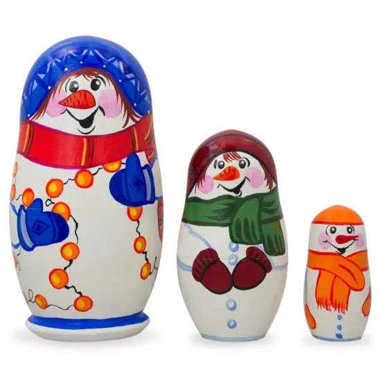 Set of 3 Snowman Wooden Christmas Nesting Dolls 4.25 Inches {1}