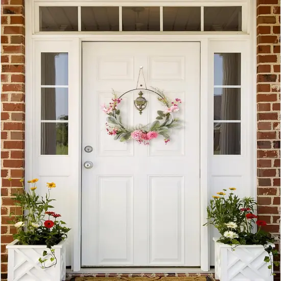 Floral Hoop Wreath Decor with Purple Spring Flowers Green Leaves {2}