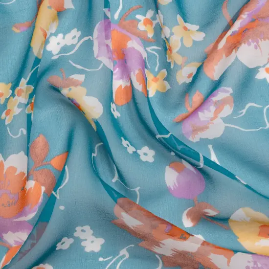 1 Yard Teal Orange & Purple Floral Silk Chiffon Fabric For Elegant Draping, 54 Inches Wide {1}